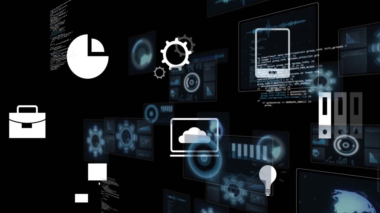 Animation of data processing and business icons on black background