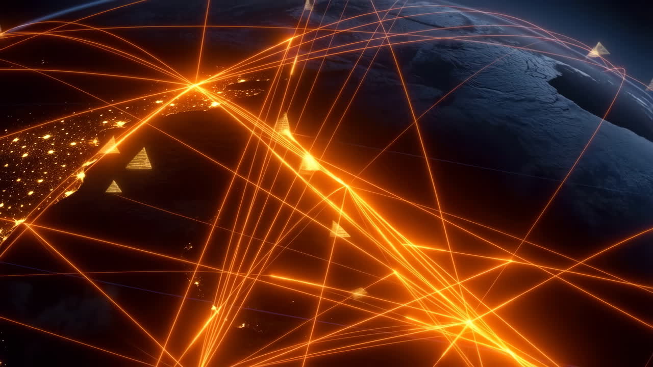 Global Digital Network with Glowing Connections and Abstract Pyramids