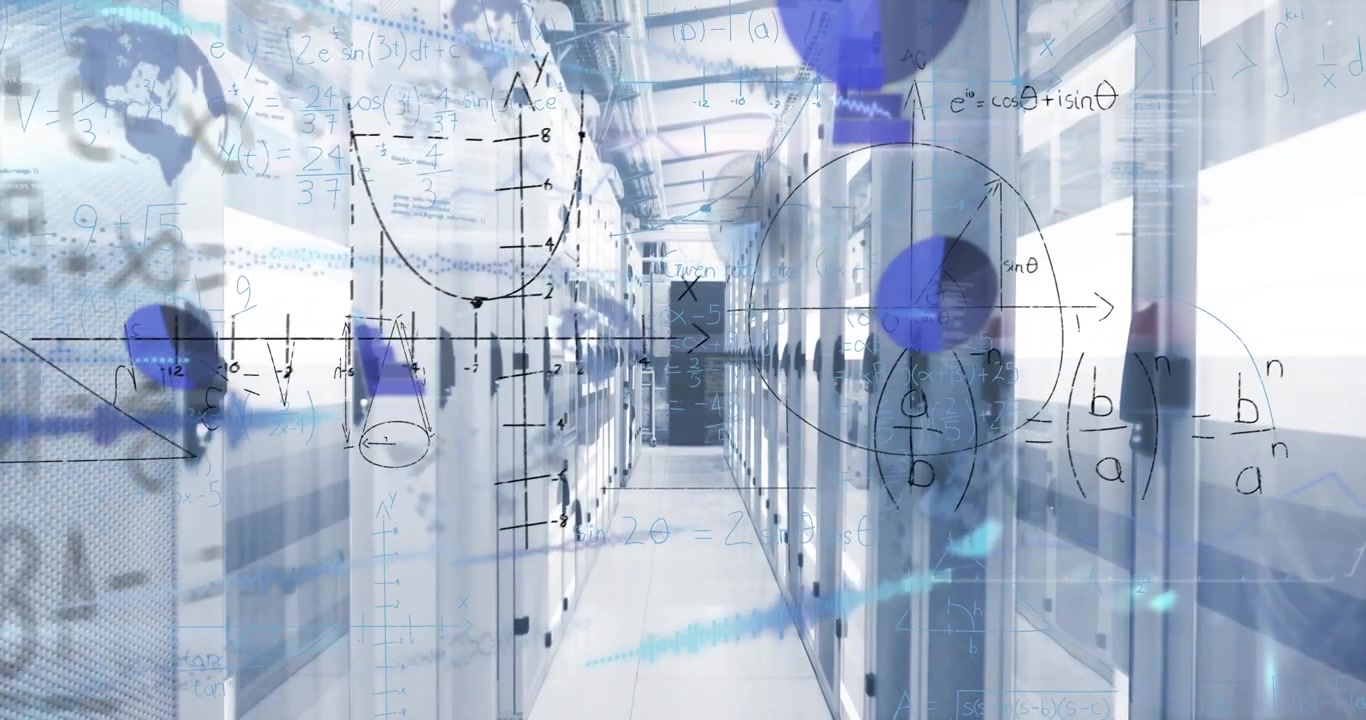Animation of mathematical equations and data processing over server room