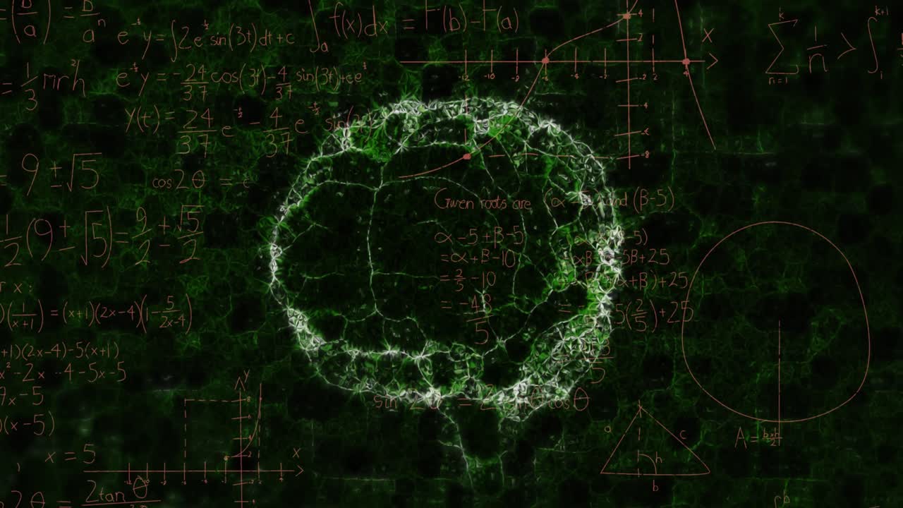 animación del cerebro humano sobre fórmulas matemáticas y ángulos geométricos en fondo negro