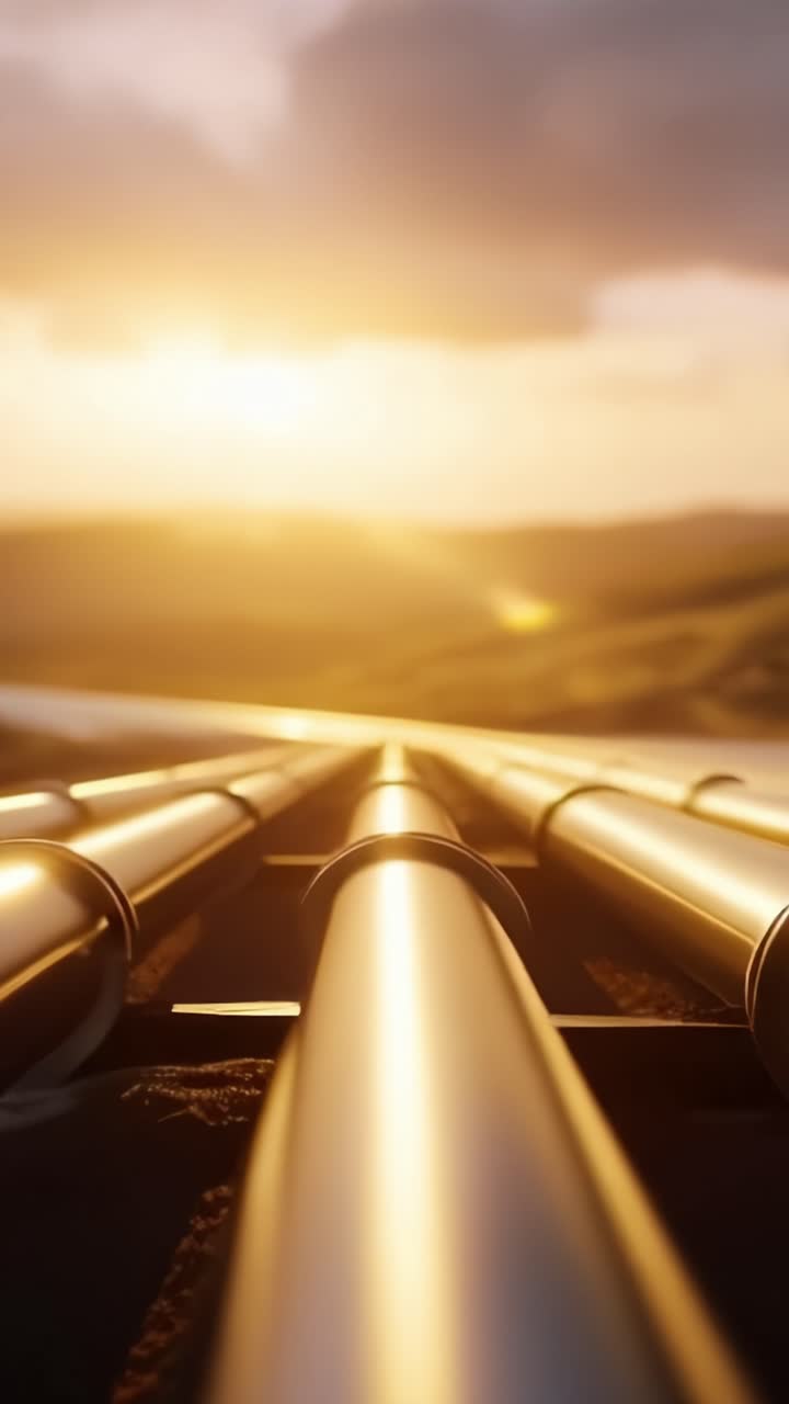Glistening Metallic Pipes Leading Toward a Golden Sunset Over Rolling Hills, Capturing the Beauty of Industrial Infrastructure and Nature's Harmony