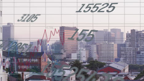 animation of financial data processing over cityscape