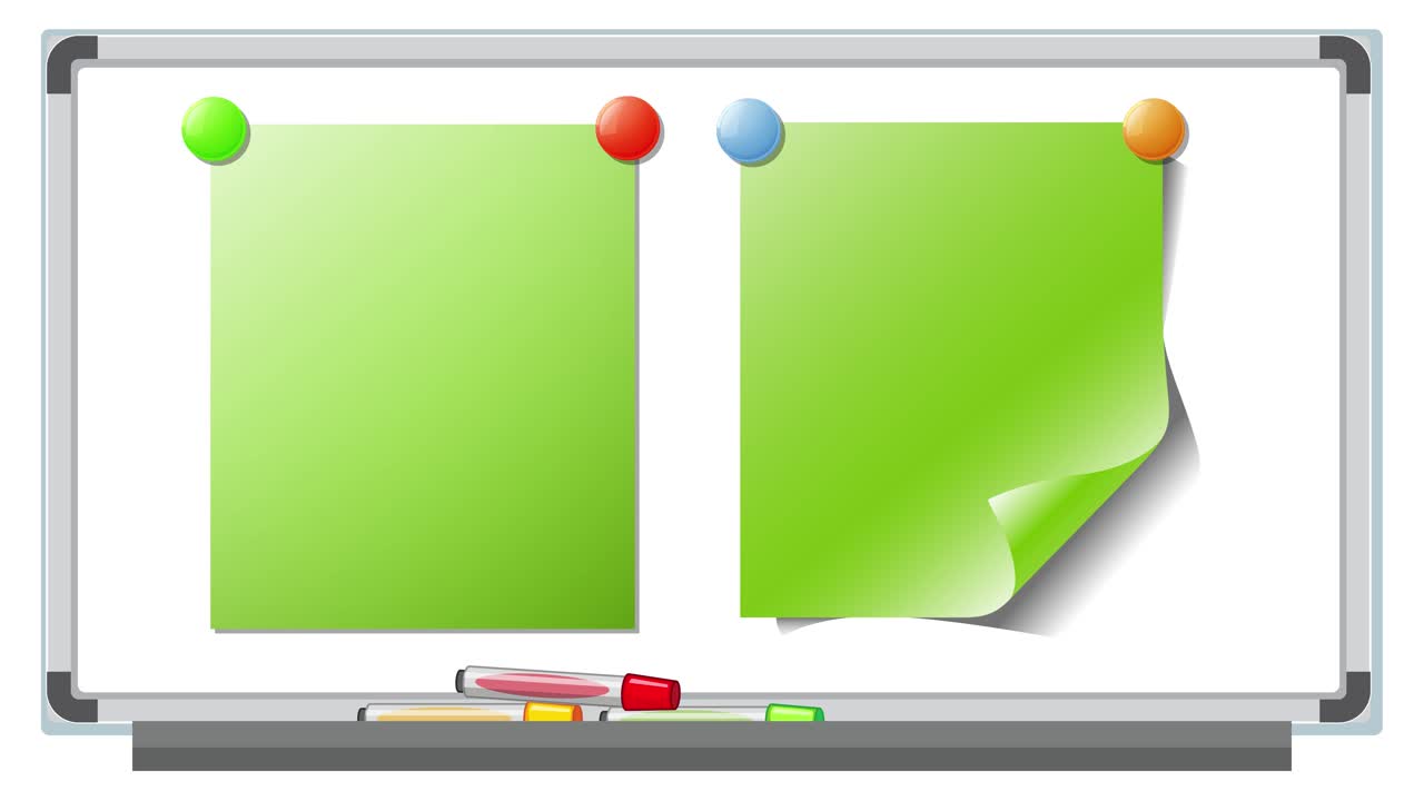 Animation of green paper notes appearing and moving on a whiteboard with colorful pins, creating a lively and engaging visual