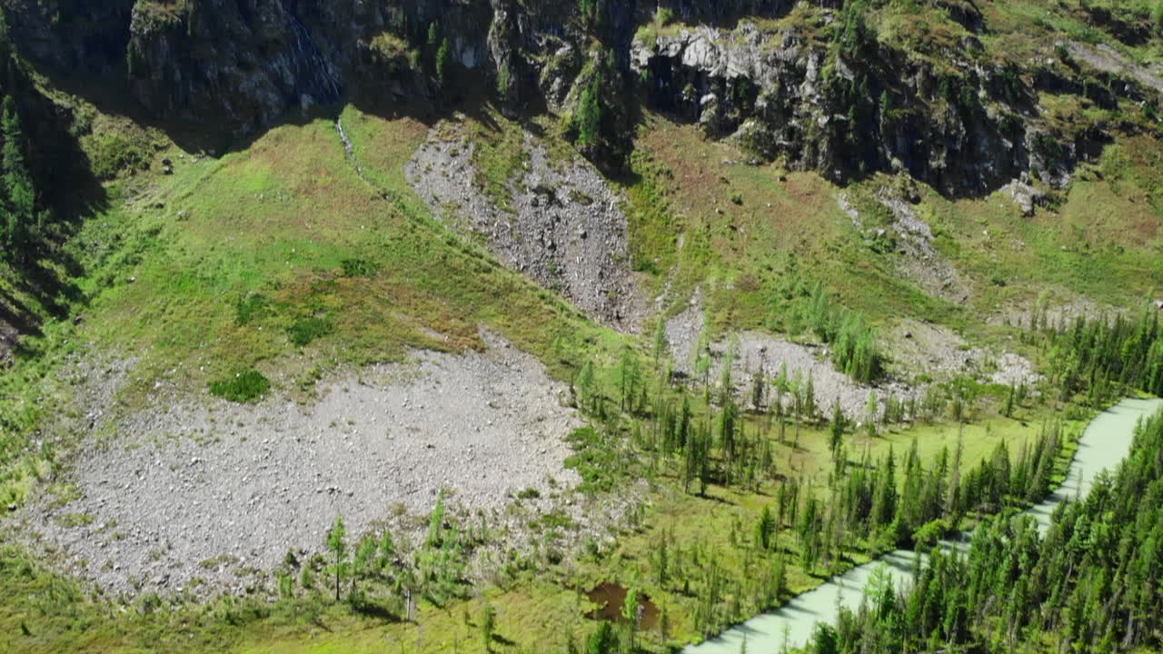 Aerial View of a Serpentine River Winding Through Lush Green Forests and Rocky Terrain