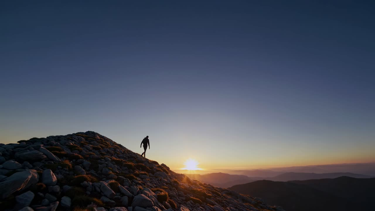 Silhouette of a person hiking up a rocky hill at sunset, captured from a low-angle