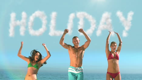 amigos saltando por encima de la palabra vacaciones