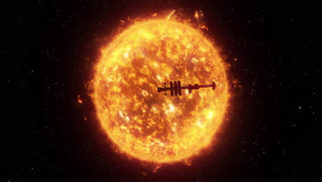 la nave espacial 4k vuela frente al sol.