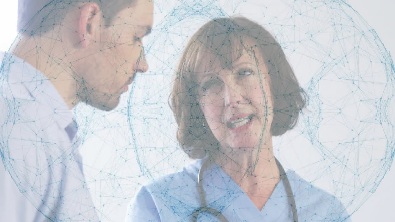 Female doctor using stethoscope showing medical data in clinic, overlaying network nodes and lines