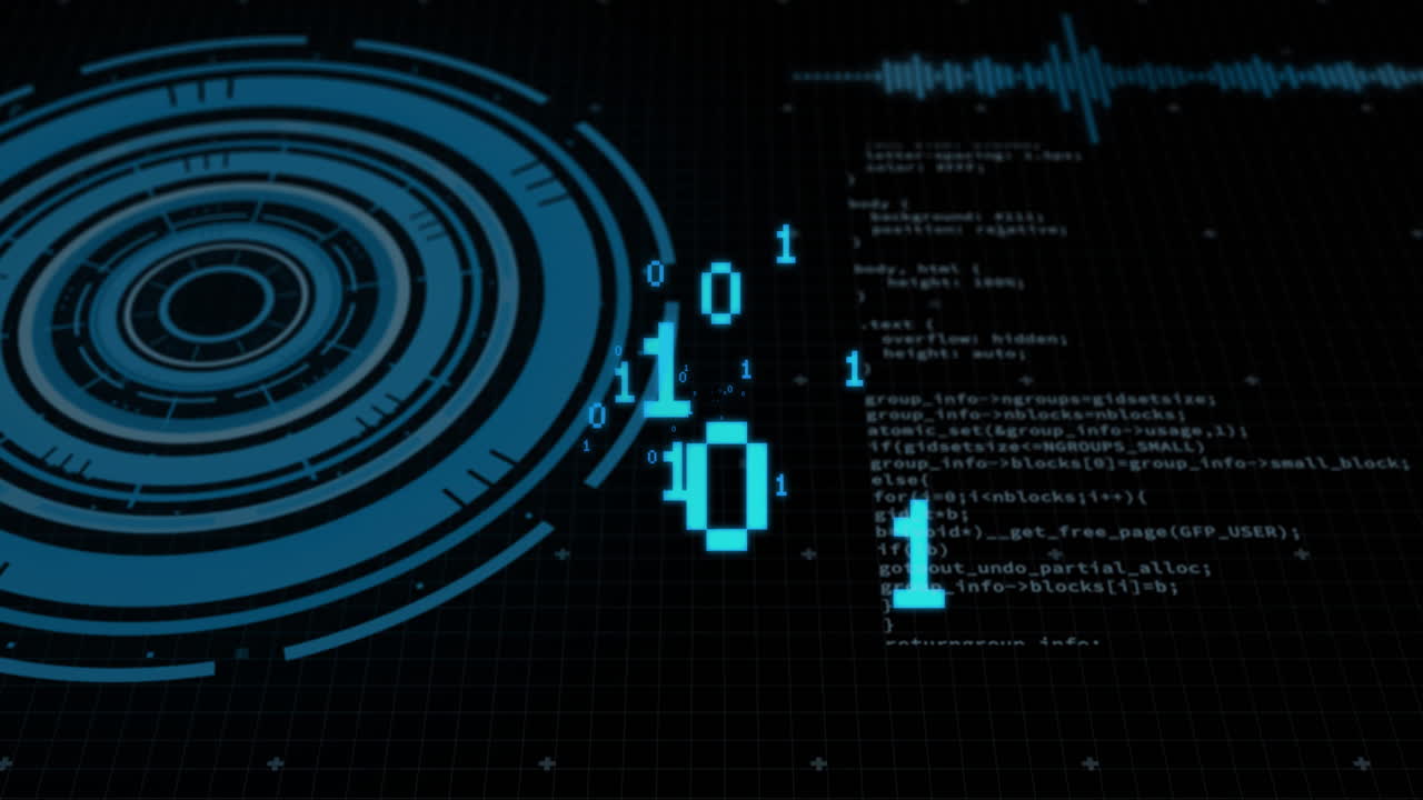 Animation of binary coding and digital data processing on black background
