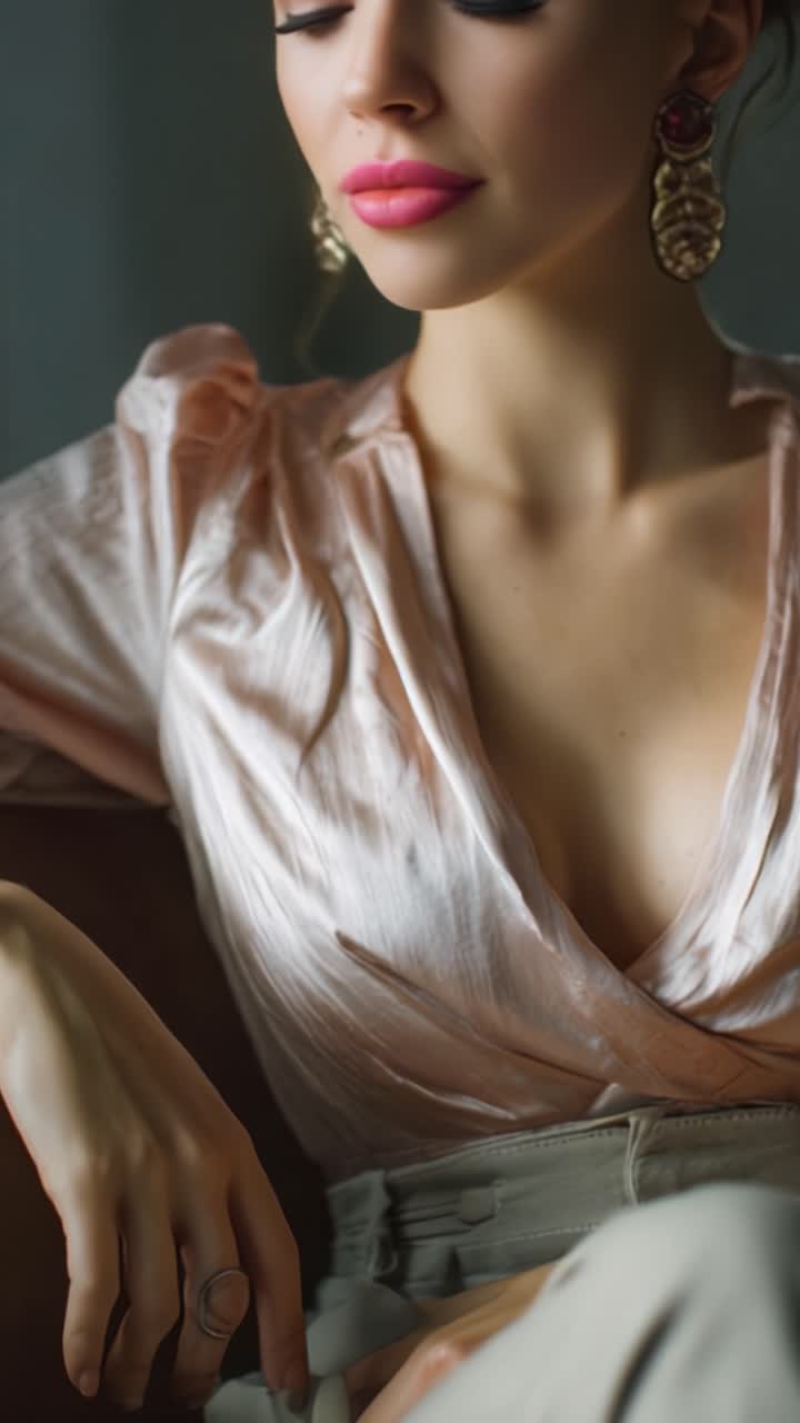 Elegant kvindeportræt: Fængslende skønhed og rolig selvsikkerhed, der fremviser imponerende makeup, moderigtigt tøj og smukke accessories for et tidløst udtryk.