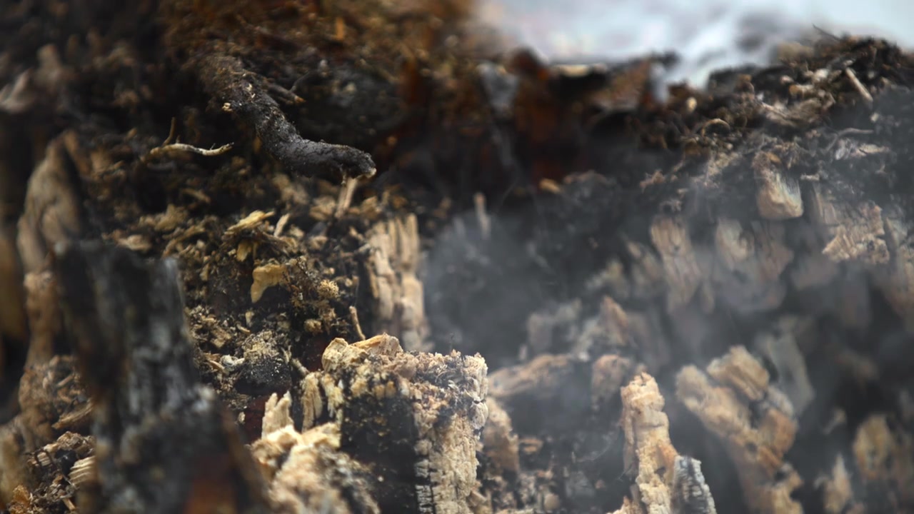 A scene of progressive burning and smoldering in a burnt landscape, showcasing the destructive and somber aftermath of a wildfire in an outdoor environment, possibly a forest or field.