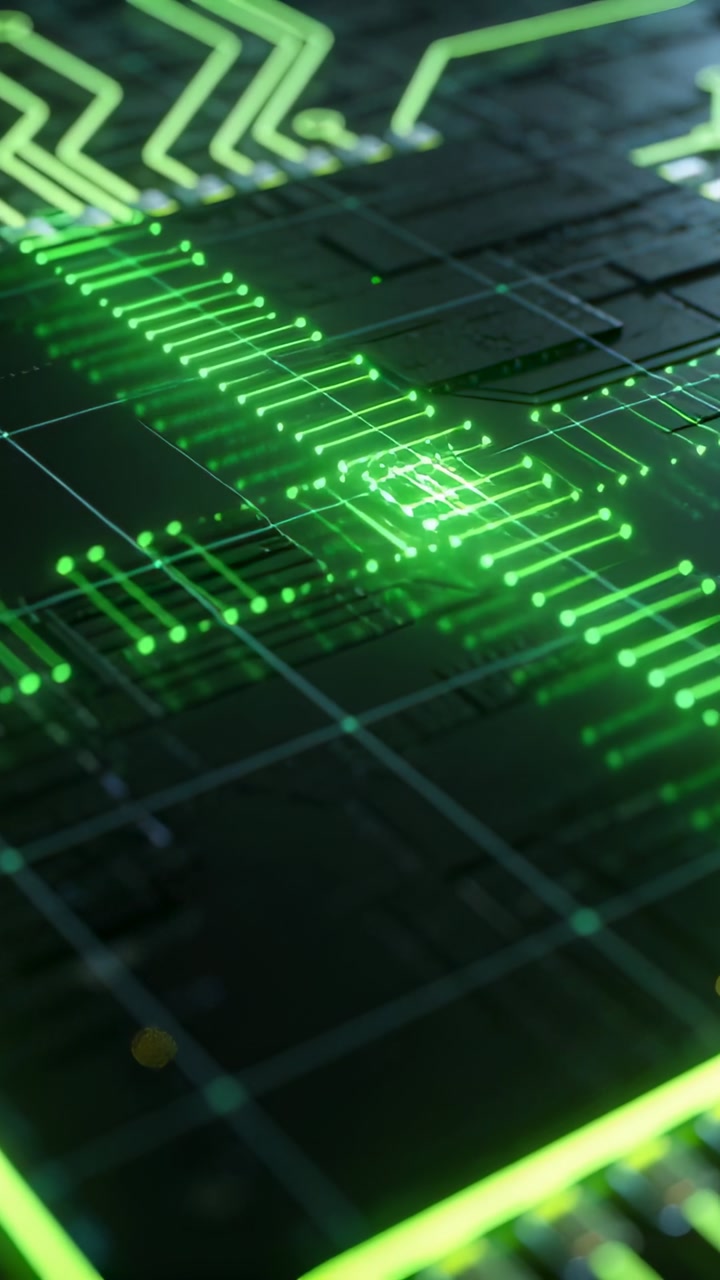 Vertical video: Pulsing green PCB traces moving along chip hotspot, camera zooming in showing data