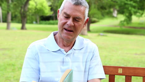 retired man reading on a park bench