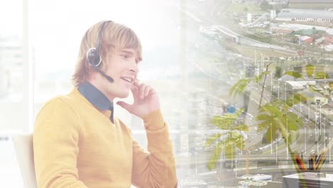 animación de un hombre de negocios caucásico en el teléfono sobre el paisaje urbano