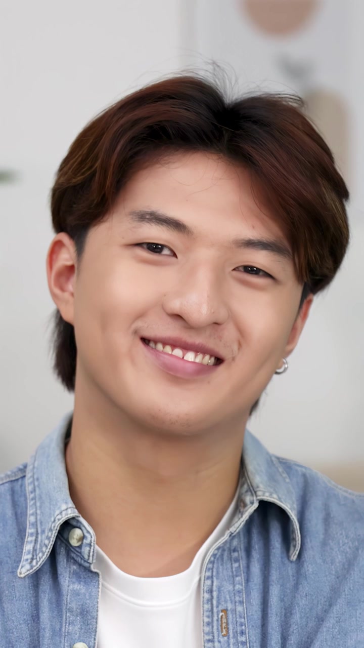 ชายหนุ่มชาวเอเชียสวมเสื้อเชิ้ตยีนส์ยิ้มอย่างมั่นใจขณะกอดอกอยู่ภายในอาคาร