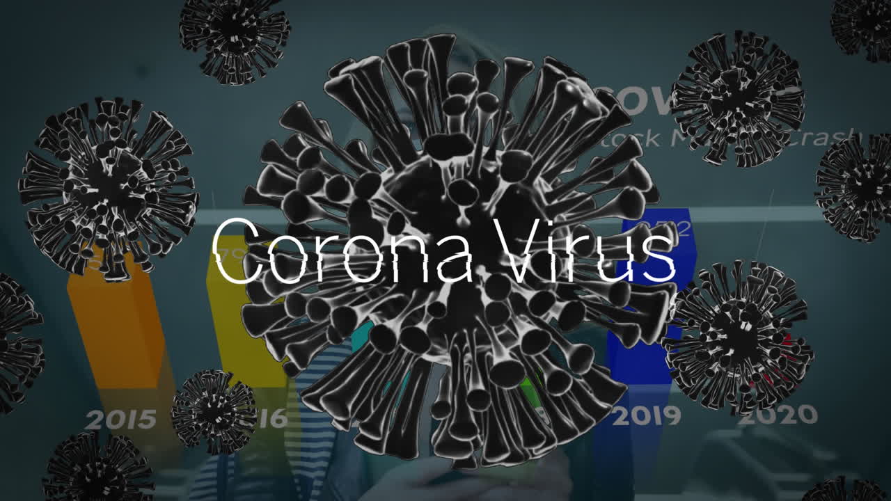 코로나19 텍스트를 통계와 코로나 19 세포 위에 애니메이션으로 표시합니다.