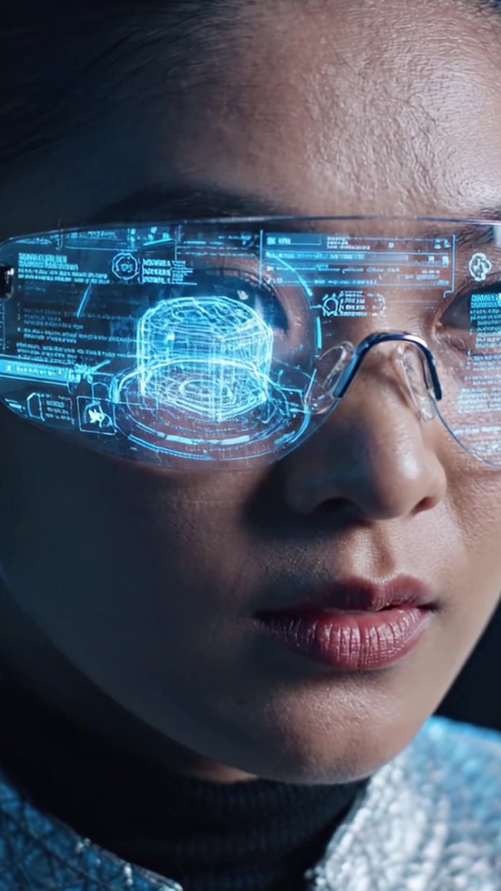 A Futuristic Scientist Analyzes Data Through Innovative Augmented Reality Glasses in a High-Tech Laboratory Environment