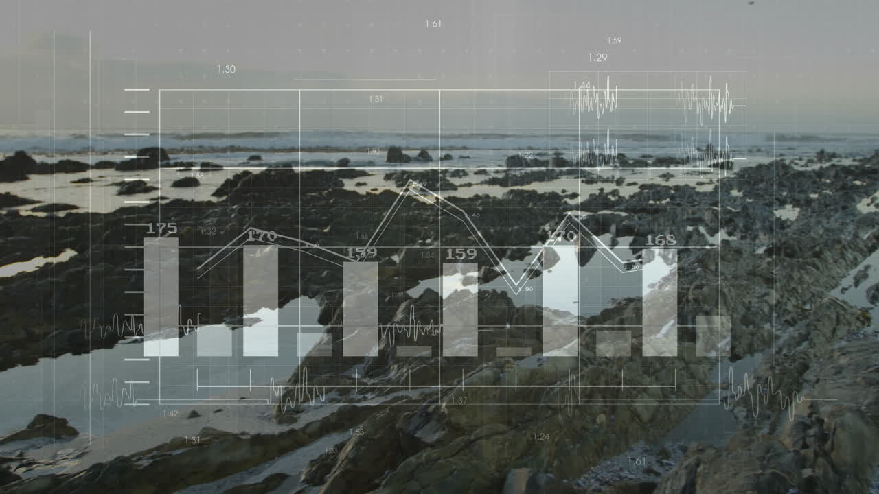 Overlaying animation, graph and data visualization on rocky coastal landscape scene