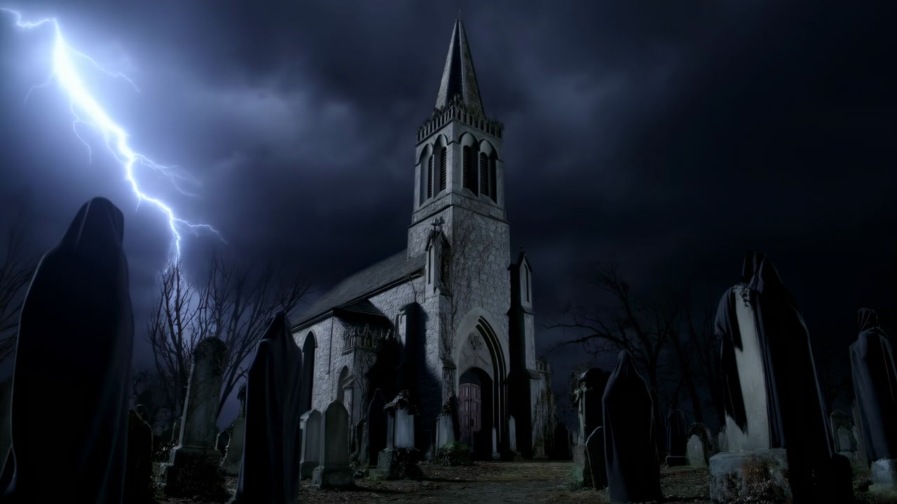 Gothic Church Graveyard Night Stormy Sky, Lightning Flashes Illuminate Towering Spire And Weathered