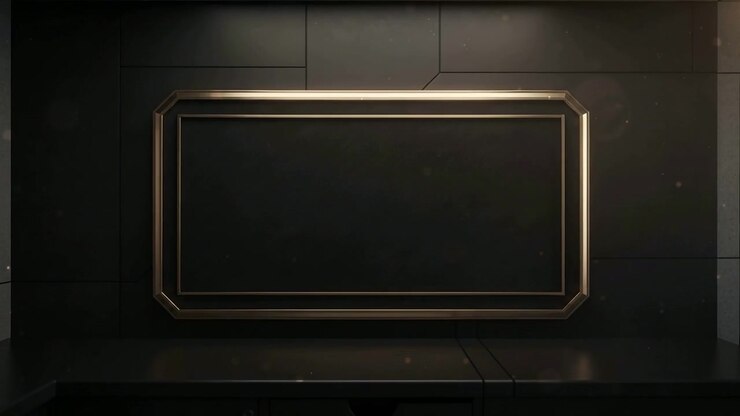 Revealing large wide frame as soft top light brightening studio wall, highlighting metallic trim