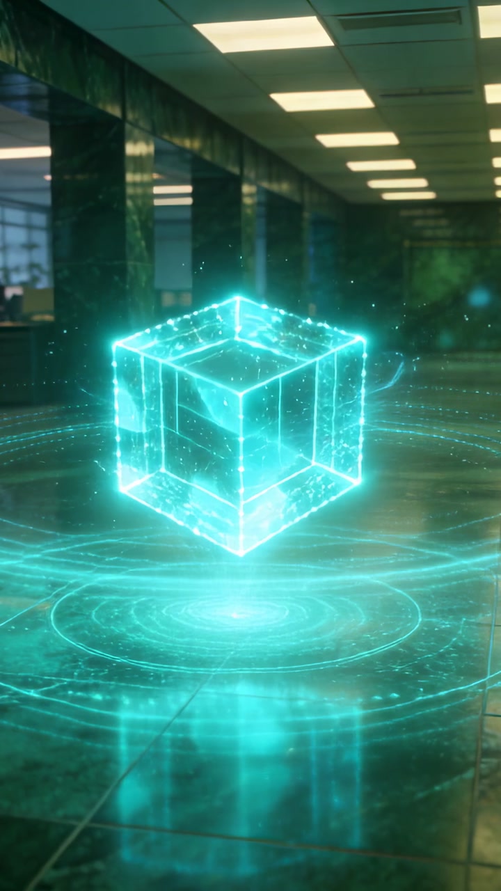Vertical video: Emerging rings, cyan cube rising, rotating, activating above office corridor tiles