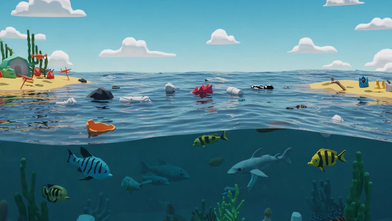 Vibrant Underwater Scene Highlighting Marine Life Surrounded by Pollution in a Colorful Animated Ocean Setting