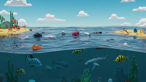 vibrant underwater scene highlighting marine life surrounded by pollution in a colorful animated ocean setting