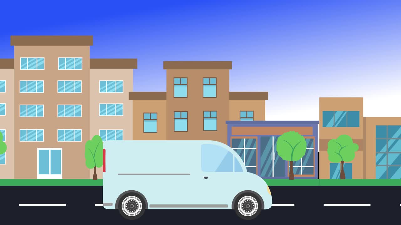 도시 주변에서 자동차를 운전하는 측면 뷰, 루프 애니메이션, 평평한 디자인 배경