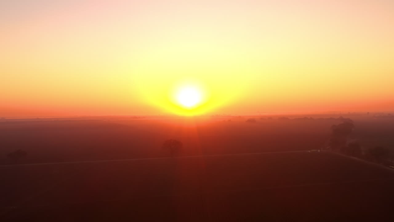 Atmospheric hazy morning sunrise over silhouetted trees and farmland, drone ascending