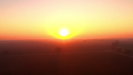 atmospheric hazy morning sunrise over silhouetted trees and farmland, drone ascending