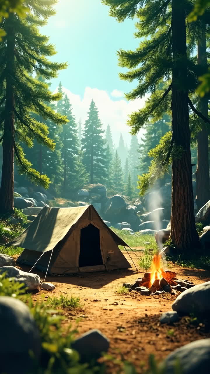 A Tent and Campfire in a Sunny Forest