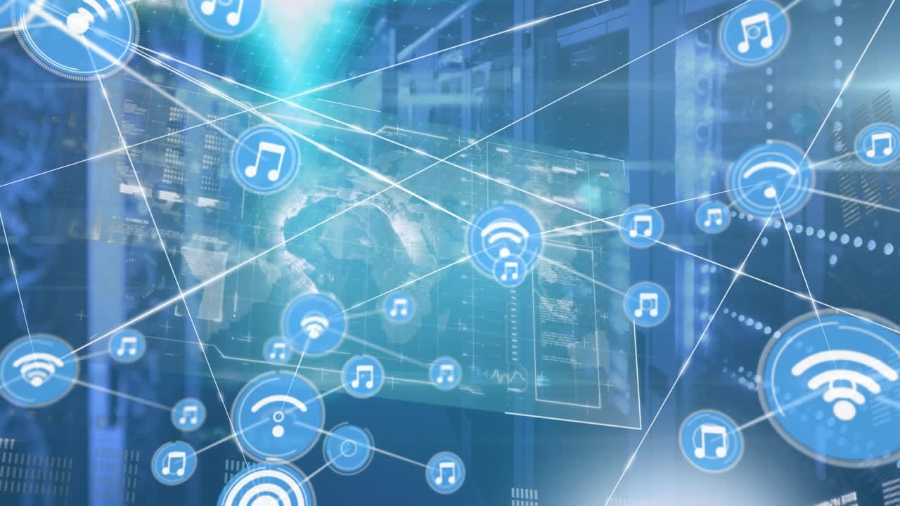 Animation of network of connections with icons over servers