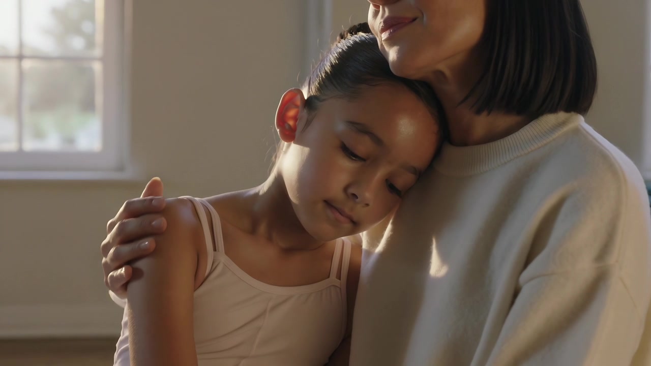 Cradling mother comforting child after dance class in studio, with pale pink leotard and hair bun