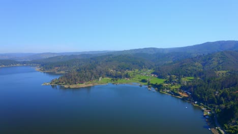 Vichuquen-lake,-curico-maule-region,-travel-through-chile-drone-shot-wide-shot