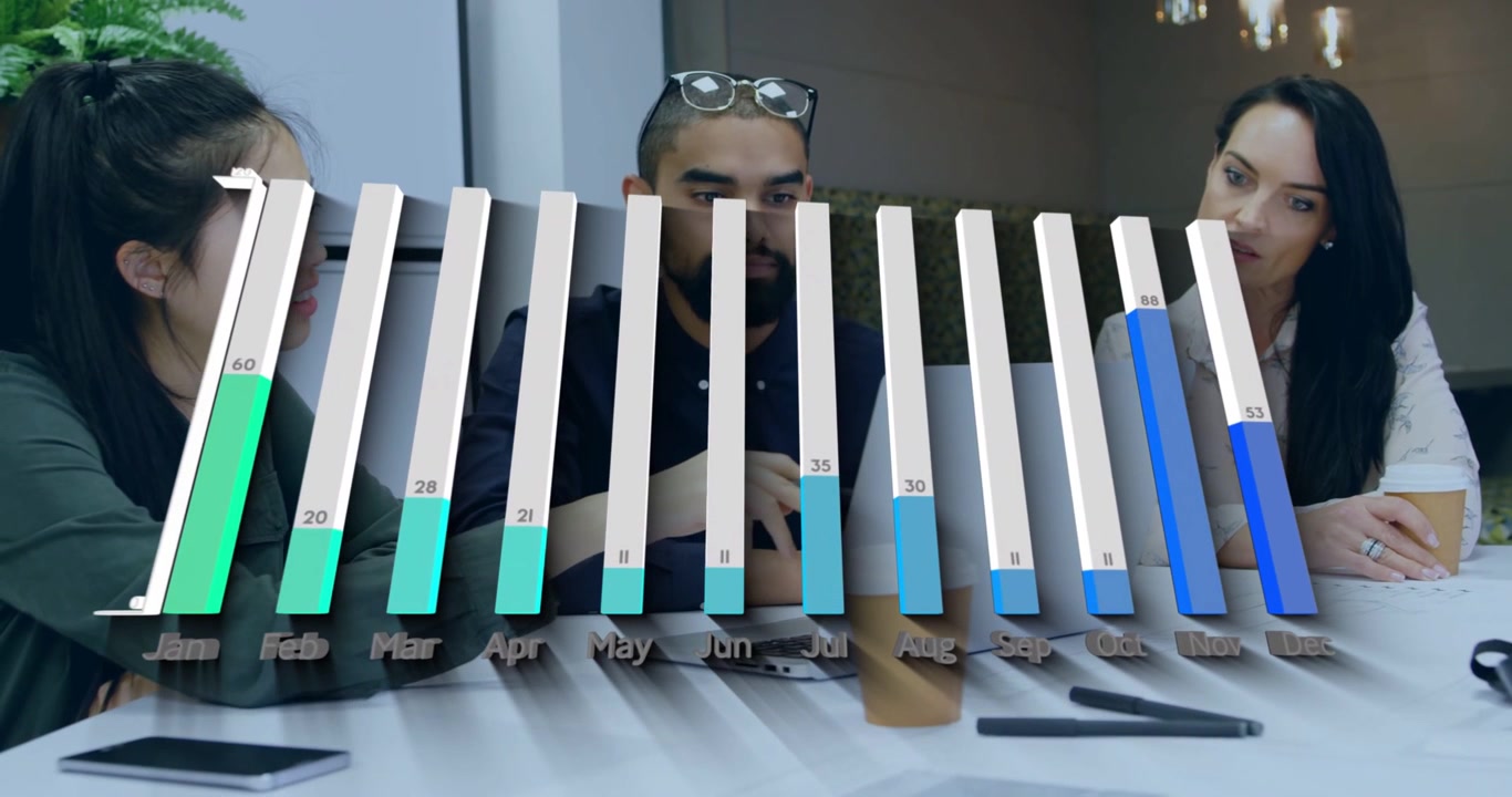 Mujer a la izquierda hablando mientras teclea, con un gráfico de barras 3D de negocios que se superpone a barras de tabla que se llenan, se deslizan y se revisan