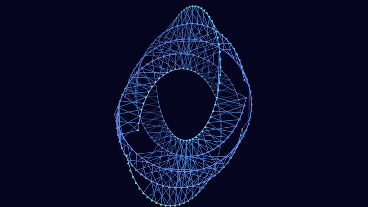 Futuristic geometric circles with neon lines and dots in dark space
