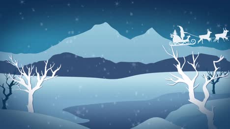 Animation-of-santa-claus-in-sleigh-with-reindeer-over-snow-falling