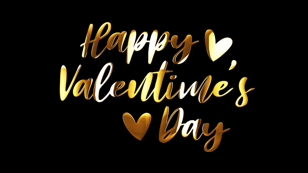 feliz día de los enamorados texto dorado con efecto de elemento de animación de movimiento ligero. 4k bucle sin costuras aislado texto de animación video transparente con canal alfa utilizando prores quicktime 444