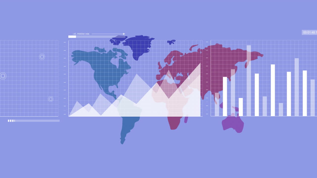 파란색 지도에서 세계 지도를 통해 금융 데이터 처리의 애니메이션