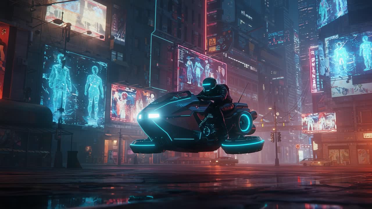 A futuristic scene depicting a sleek hovercraft navigating through a neon-lit cyberpunk city, showcasing glowing advertisements and a high-tech urban atmosphere