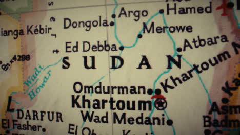 close-up of a map showing sudan and its cities