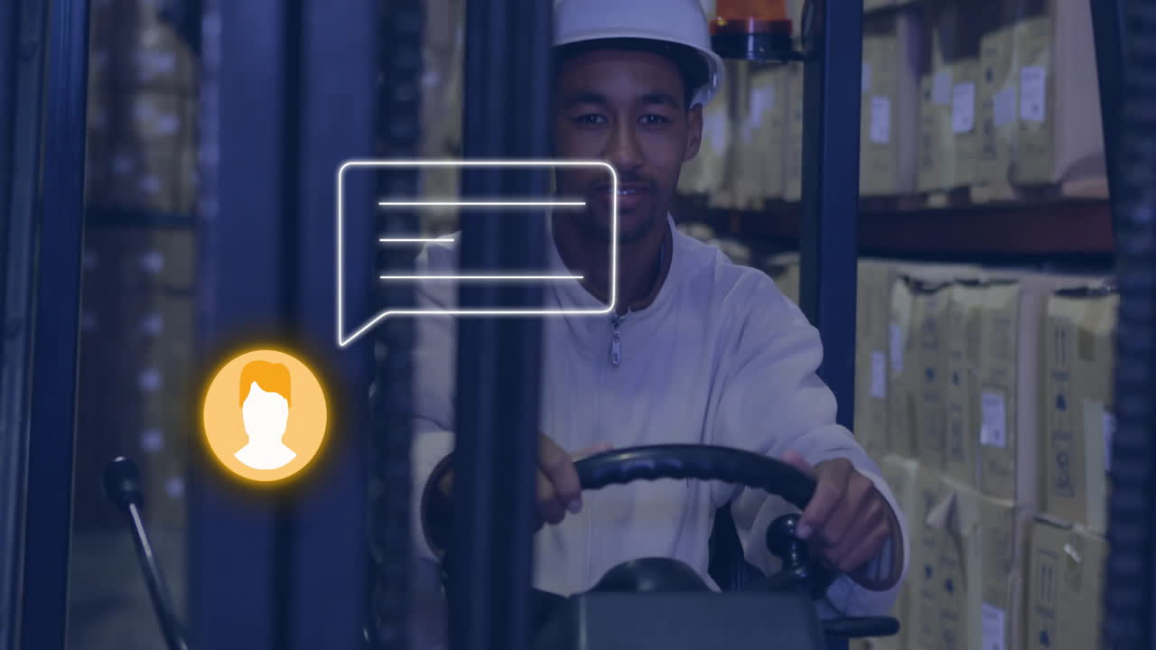 Operating forklift in warehouse, worker with digital chat icon overlay animation