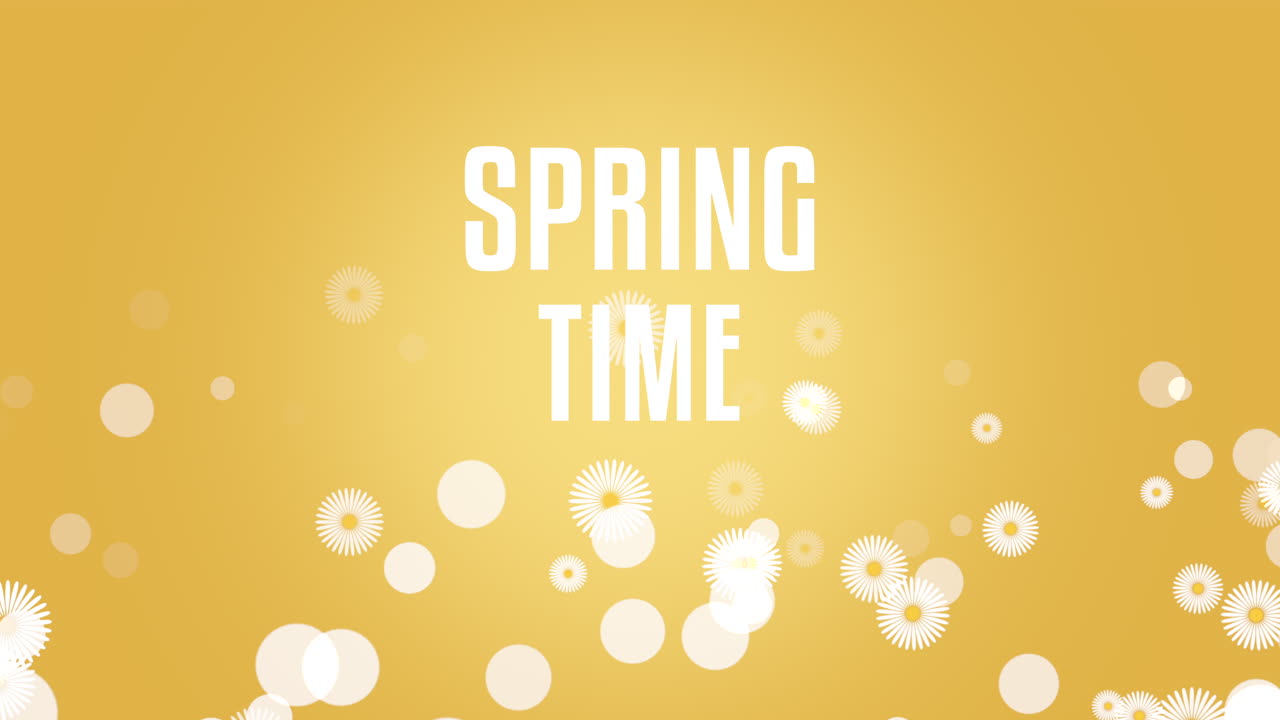 노란색 그라데이션에 흰색 꽃이 날아다니는 봄 시간