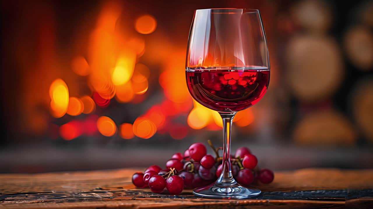 Red Wine and Grapes by a Cozy Fireplace