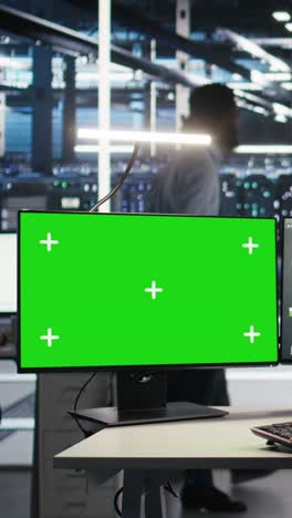vertical video data center technician using node tree software on mockup pc to analyze datasets