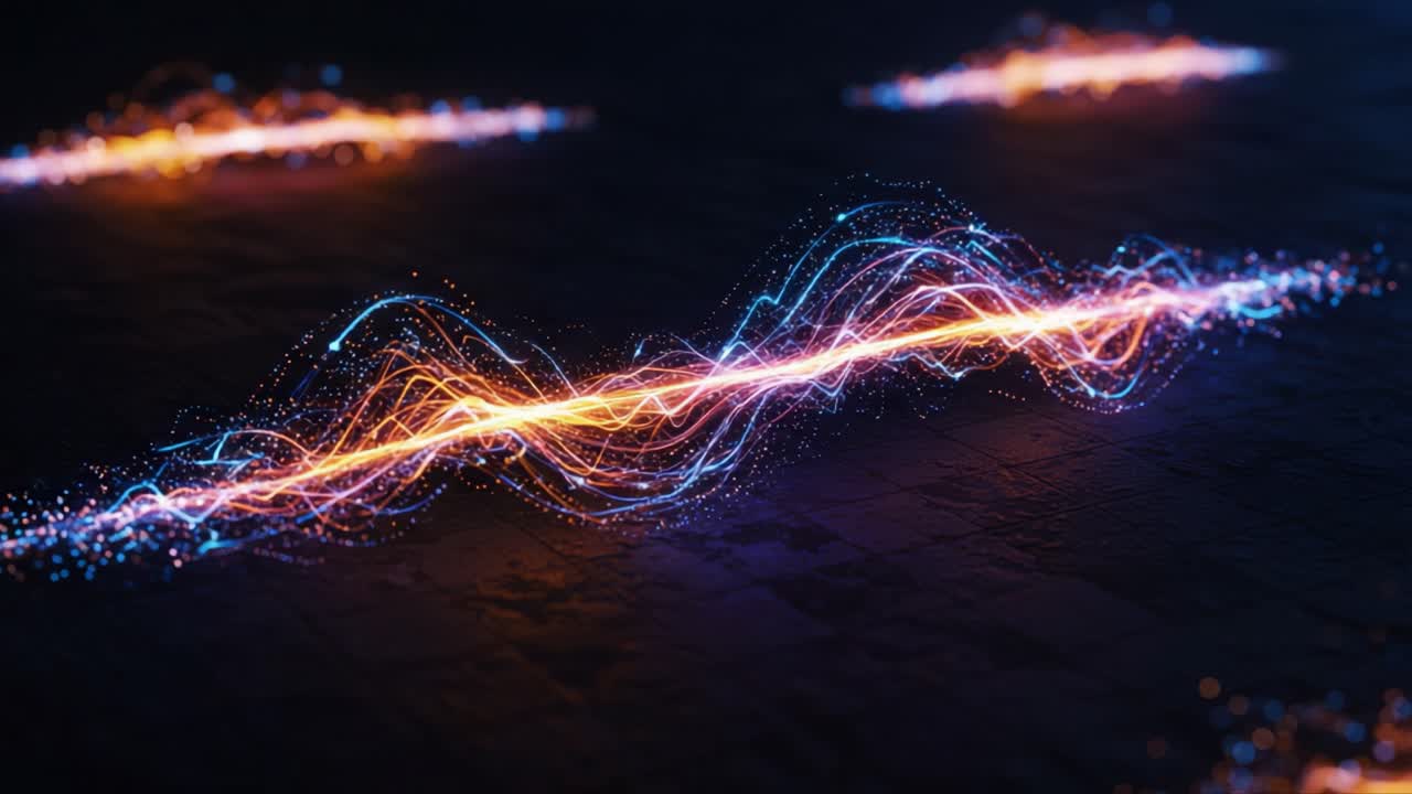 Dynamic Energy Waves: A Stunning Visual Representation of Colorful Electric Currents Flowing Smoothly Through a Digital Landscape, Illustrating Vibrant Motion and Light
