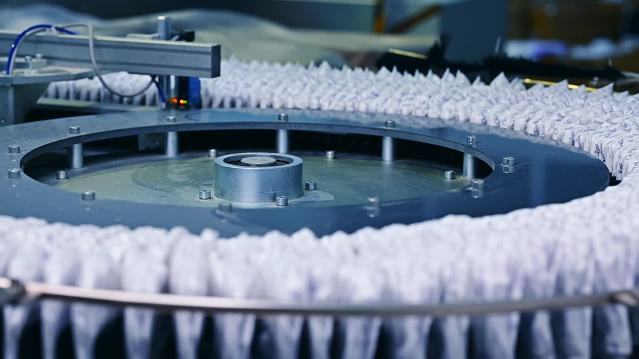 New diapers are ready for sale. A rotating drum carries a batch of finished diapers