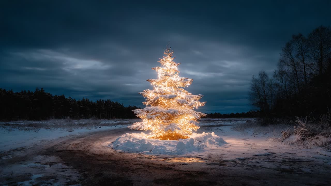 A Beautifully Illuminated Christmas Tree Standing Alone in a Snowy Landscape Under a Dramatic Sky at Dusk, Creating a Magical Winter Scene