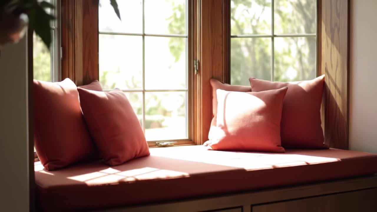 A Serene Window Nook: A Cozy Retreat Bathed in Natural Light with Plush Cushions and a Peaceful Outdoor View