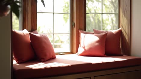 a serene window nook: a cozy retreat bathed in natural light with plush cushions and a peaceful outdoor view